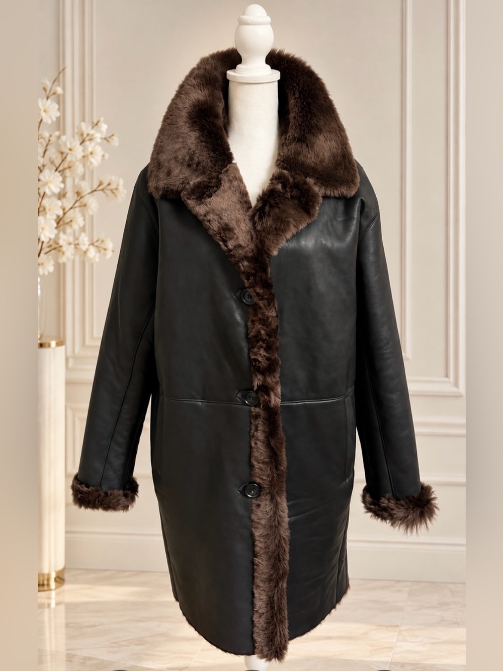 H’SO Genuine Shearling Leather Coat – Size L – New With Tags